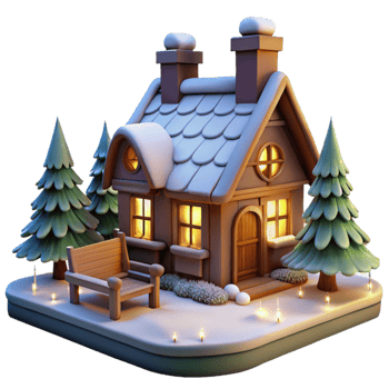Cozy Winter Cottage Scene 3D Render of Illuminated House png