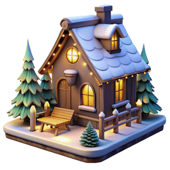 Cozy Winter Cottage Festive Lights Snow Scene png
