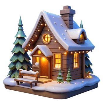 Cozy Winter Cabin Festive Lights Snowy Scene png