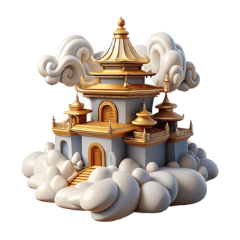 Golden Temple on Clouds 3D Render of Asian Architecture png