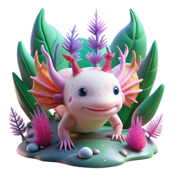 Adorable Cartoon Axolotl in Lush Garden png