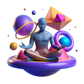 3D Render Cosmic Meditation, Abstract Shapes, Serene Figure png