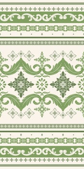 Elegance Royal Decoration Brocade Green Embroidery on Beige Seamless Pattern Lace Curl Ornate Stripe with Florals and Leaves inspired form Nature for Luxury Rich Design Border. Silk Cover Handcraft vector