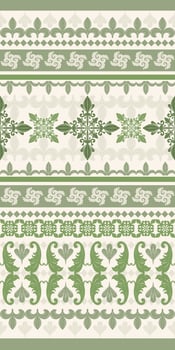 Dedicated Rich Pattern Green Olive Khaki Embroidery Hand Draw on Beige Background. Luxury Border Stripe Seamless Lace Lily Florals Leaves for Elegance decoration. Exquisite Royal Silk, Haute Couture vector