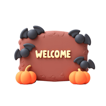 Cute Halloween Welcome Sign 3D Render with Bats and Pumpkins png