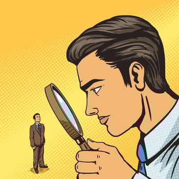 Man looking through magnifying glass on man pop art illustration. Big brother spy. Human illustration. Comic book style imitation. Vintage retro style. Conceptual illustration vector