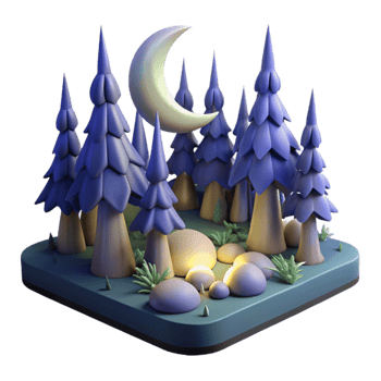 Enchanted Forest Night Scene 3D Moonlit Trees, Rocks, and Glowing Ground png