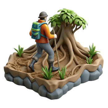 Hiker Trekking Through Jungle Roots png