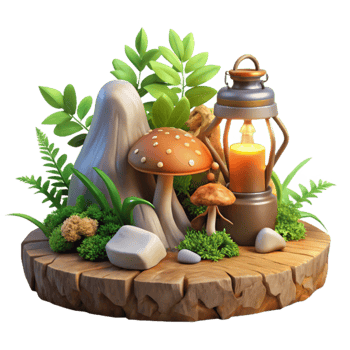 Enchanted Forest Scene Mushrooms, Lantern, and Flora png