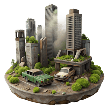 Post-Apocalyptic Cityscape Overgrown Ruins and Abandoned Cars png