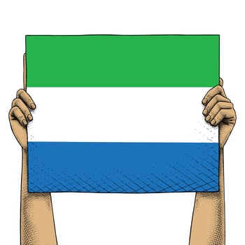 Hand Raises a Sign That Show Sierra Leone Flag vector