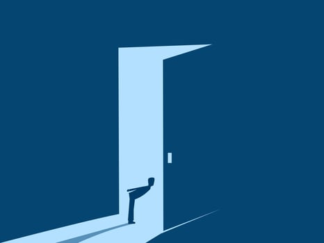 Assessing opportunities, People standing looking at the big door with light vector