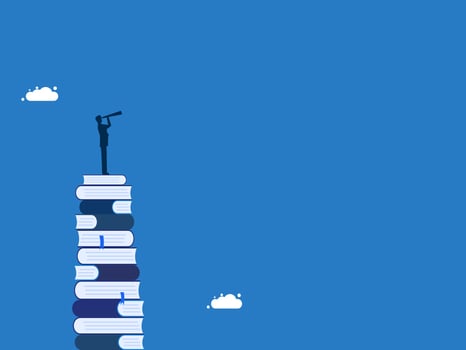 Research, learning, businessman looking at telescope on a pile of books vector
