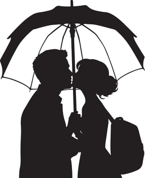 Silhouette of a couple kissing under an umbrella vector