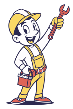 A cheerful cartoon mechanic holding a red wrench and toolbox, wearing a yellow hard hat and overalls, radiating positivity and readiness for work png