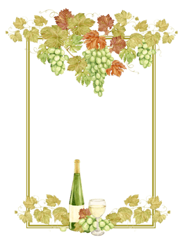 Watercolor vertical frame with grapes, wine bottle and glass. Illustration of grapevine, green berries and leaves. Frame for white wine, jam, juice label. Clipart for wine, cafe, restaurant. png