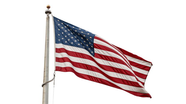 A dynamic U.S. flag fluttering in the wind on a flagpole, representing patriotism and freedom png