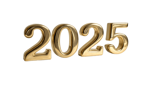 Shiny golden numbers forming 2025, displayed in a glossy finish with shadows emphasizing their three-dimensional design png