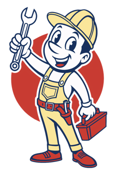 A smiling cartoon handyman in yellow overalls with tools and a toolbox, standing confidently in front of a bold red circle backdrop png