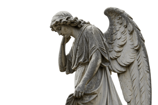 A detailed sculpture of a grieving angel with soft facial features, flowing robes, and intricately carved wings, evoking a sense of sorrow and reverence png