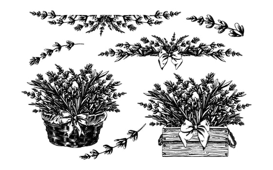 Set with lavender flowers, compositions, bouquet. Graphic illustration line art hand drawn in black and white monochrome. Set of elements vector