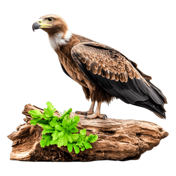 Majestic Eagle Perched on a Natural Wooden Log with Green Foliage png