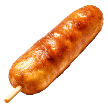 Golden Brown Crispy Corn Dog on Wooden Stick with Crunchy Surface png