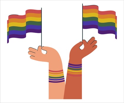 Hands and rainbow lgbt flag celebrate pride month illustration. LGBT elements pride month icon vector