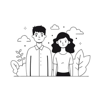 Young couple stands together appearing joyful in a relaxed outdoor environment Hand drawn Doodle line art flat illustration on white background vector