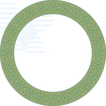 round European gold with green ornament. Endless pattern, circle, ring of the Middle Ages. Revival border. Decorations of palaces and churches. vector