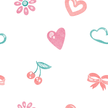 Cute seamless girly pattern with fruit and berry. Summer cartoon design with pink bow cloud and heart nursery wallpaper or kindergarten decor. For children products or preschool background. png