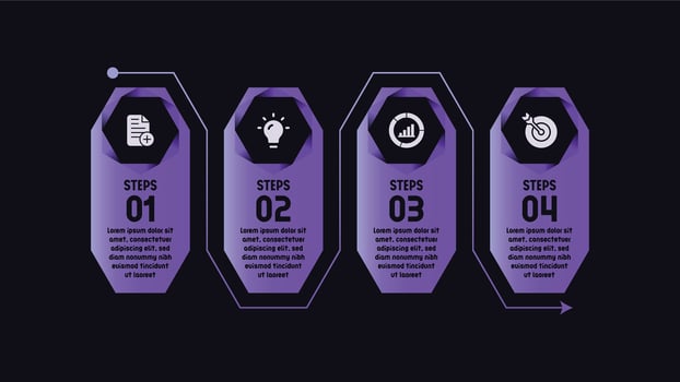 Professional business infographic template with 4 steps, blue gradation color isolated on dark background vector