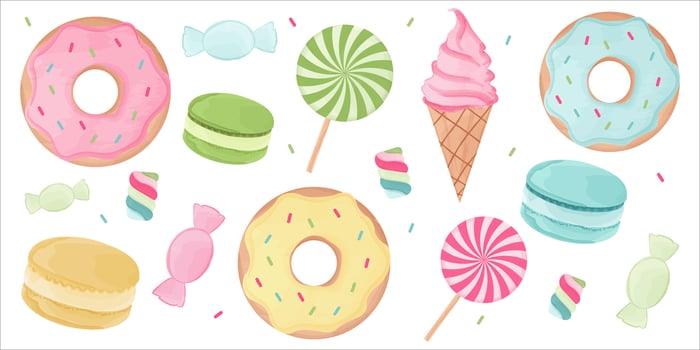 Set of illustrations of ice cream, candy, lollipops, donuts, marshmallow and macaroons. Watercolor painting. vector