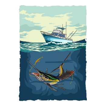 sailfish marlin under boat fishing illustration logo image t shirt vector