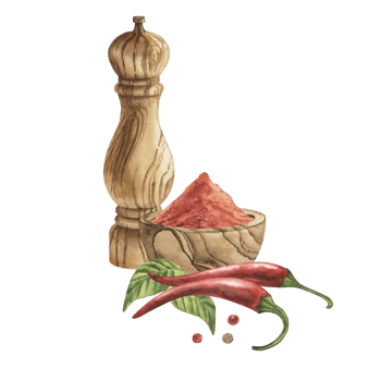 Watercolor illustration of a wooden pepper mill, a bowl of chili powder, and fresh chili peppers with leaves. Perfect for spice-related designs, packaging, or culinary-themed projects, for cafes. png