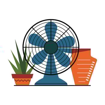a fan and a plant next to a desk vector