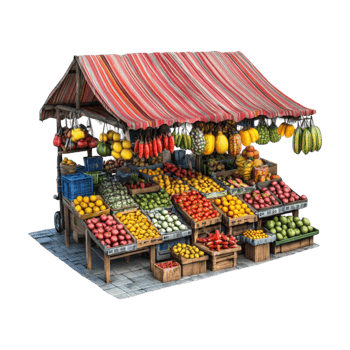 an outdoor fruit stand with a red canopy png