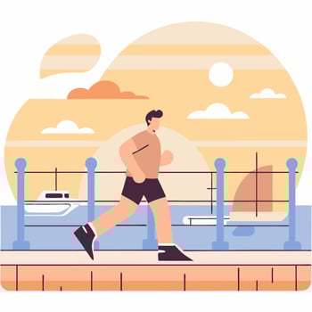 A man jogging by the waterfront. Flat style vector
