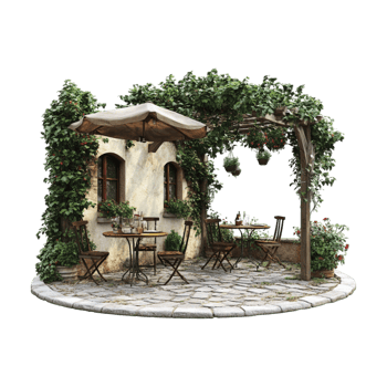 an outdoor patio with a table and chairs png
