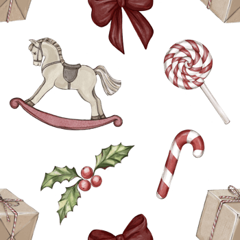 Christmas seamless pattern. Watercolor print with rocking horse, bow, lollipops and holly. Design for wrapping paper, background, wallpaper, packaging, cards. Festive New Year and Christmas design. png