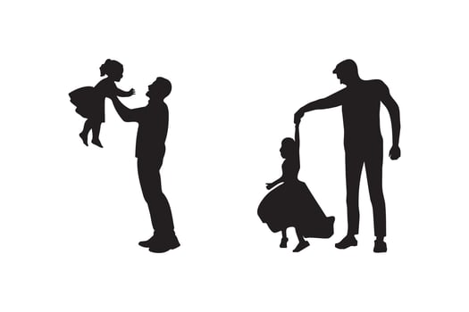Silhouette of a Father Playing and Dancing with His Daughter, Loving Family Bond. vector