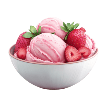 strawberry ice cream in bowl with strawberries on transparent background png