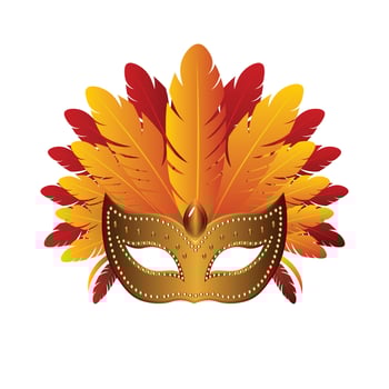 Gold carnival mask with yellow and red feathers flat illustration isolated on white background vector