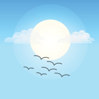 Bird flight against sun clouds, blue sky landscape, illustration art vector