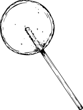 Black and white illustration of round clear sugar lollipop, candy, barley sugar drawn in a sketch style. Perfect for confectionery, bakery branding, children s party, candy bar or holiday decorations. vector