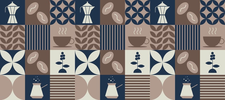 Minimalistic modern pattern with coffee. Can be used for design of cover, packaging, menu, background, cafe wall, coffee shop, banners. vector