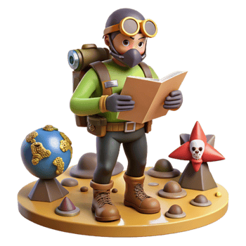 3D Render of Adventurer Reading Map on Alien Planet png
