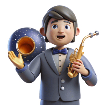 3D Render of Boy in Tuxedo Playing Saxophone with Celestial Orb png