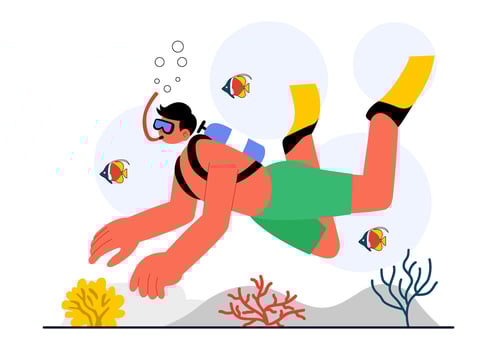 Marine Diving Illustration with Snorkeling Mask, Fins, and Underwater Exploration Scene vector