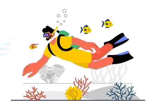 Tropical Sea Diving Illustration Featuring a Diver, Fish, and Vibrant Coral in Flat Design vector